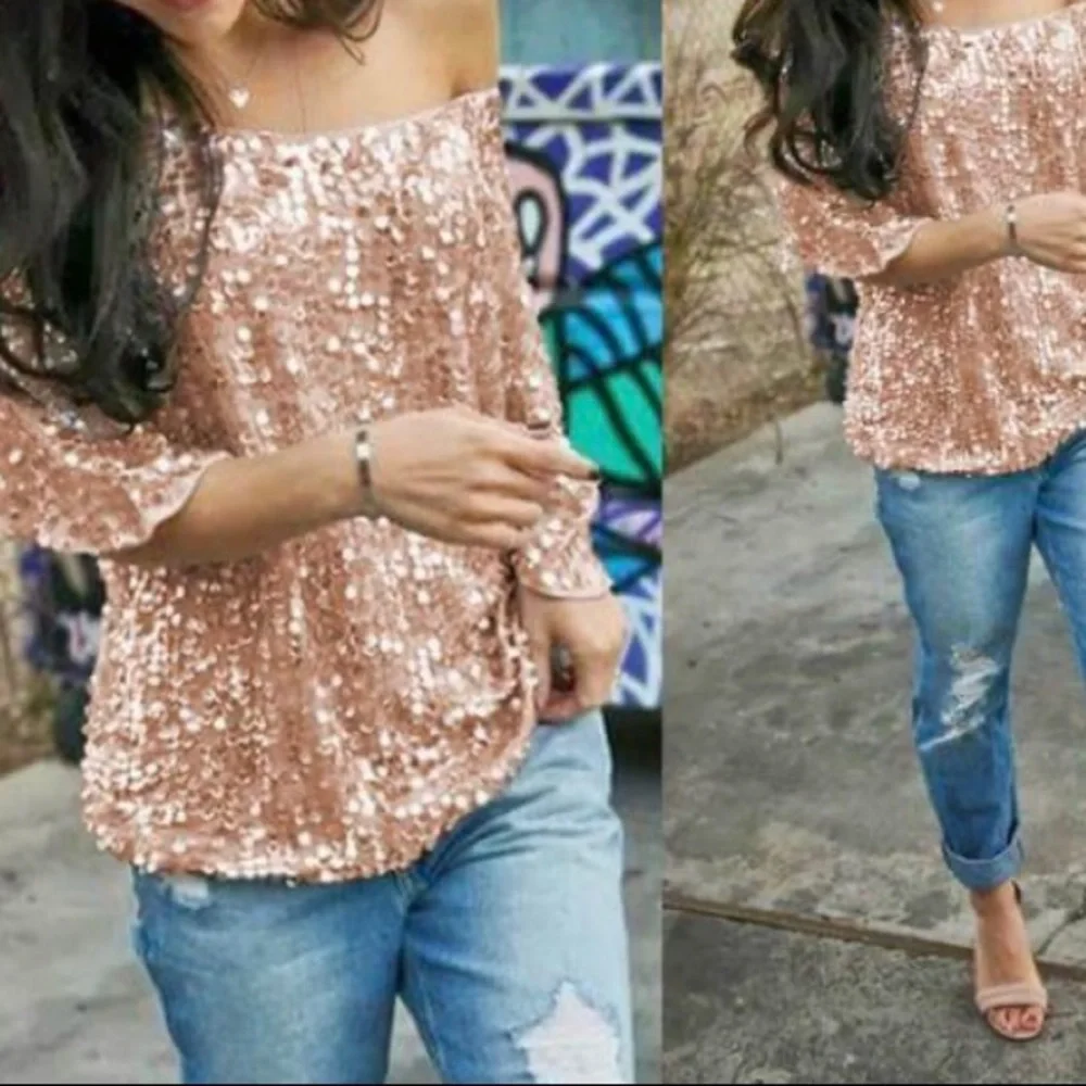 Rose Gold Sequin Women's Blouse - Sparkle Boatneck Top